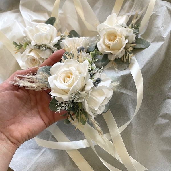 Wedding Corsage Ivory Boutonnieres Corsages White Groomsmen Groom Handmade Green Artificial Faux Wedding Flowers Modern Wedding Decor