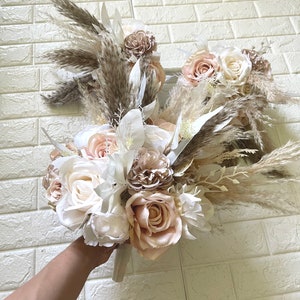 Boho Blush White Ivory Wedding Boho Bridal Bouquet Ivory Wedding Bouquet Dusty Artificial Faux Flowers Bridesmaid Bouquet