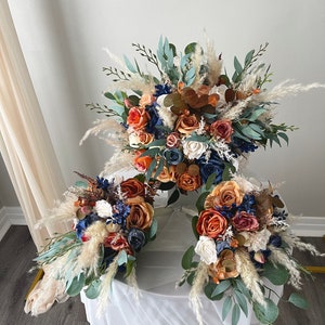 Boho Orange Blue Pampas Wedding Boho Bridal Bouquet Ivory Wedding Bouquet Dusty Greenery Artificial Faux Flowers Bridesmaid Bouquet