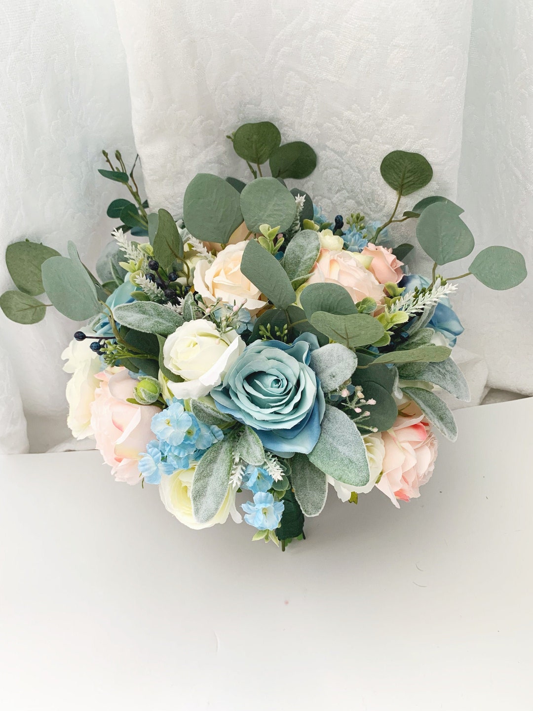 Wedding Bouquet Pink Blush Dusty Blue White Bridal Wedding Etsy