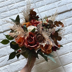 Boho Burnt Orange Brown Terracotta Wedding Burgundy Boho Bridal Bouquet Ivory Wedding Bouquet Brown Greenery Artificial Faux Flowers