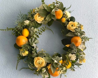 Lemon Spring Summer Door Wreath Yellow Lemons Citrus Floral Greens Wreaths Handmade 14" Artificial Flowers Home sweet home