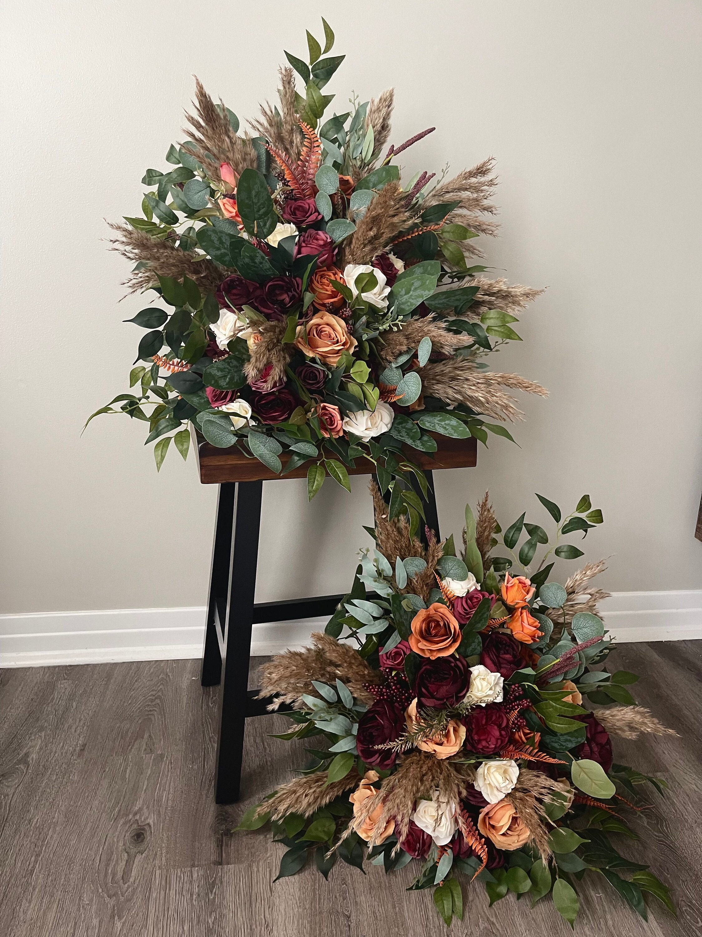 Set of 2 Burnt Orange Burgundy Aisle Flowers Floor Arch Arrangement Wedding Aisle Marker Terracotta Flowers Eucalyptus Wedding Rust