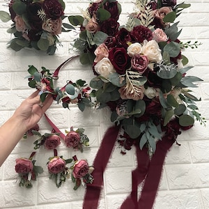 Wedding Bouquet Burgundy Dusty Rose Mauve Red Peony Eucalyptus Wedding Maroon Package Handmade Artificial Faux Flowers Wedding Decor