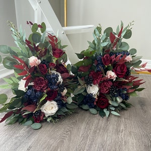 Set of 2 Burgundy Navy Blush Aisle Flowers Floor Arch Arrangement Wedding Aisle Marker Arbor Arrangement Flowers Eucalyptus Wedding