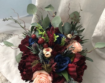 Wedding Bouquet Burgundy Navy Blue Red Peony Eucalyptus Wedding Maroon Package Handmade Artificial Faux Flowers Wedding Decor