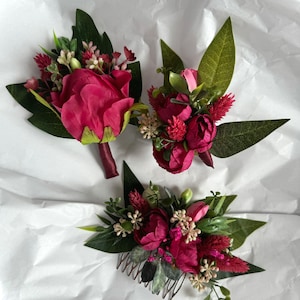 Boutonniere Corsage Fuchsia Viva Magenta Hot Pink Deep Pink Wedding Tropical Green Protea Flower Bouquets Bridal Wedding Marsala Pink