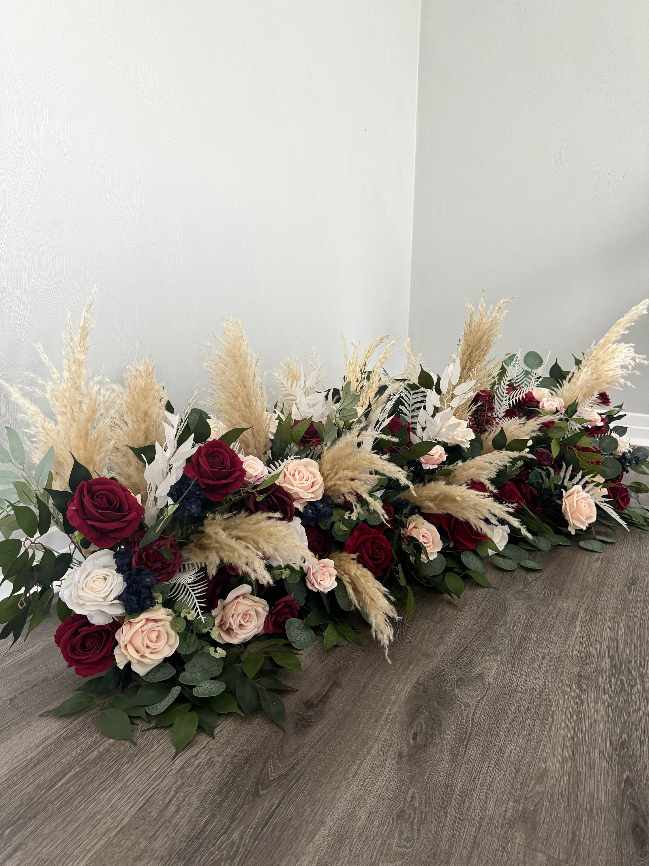 6 ft Floral Runner Burgundy Navy Blush Pampas Aisle Flowers Floor Arch Arrangement Wedding Aisle Marker Arbor Arrangement Flowers Wedding