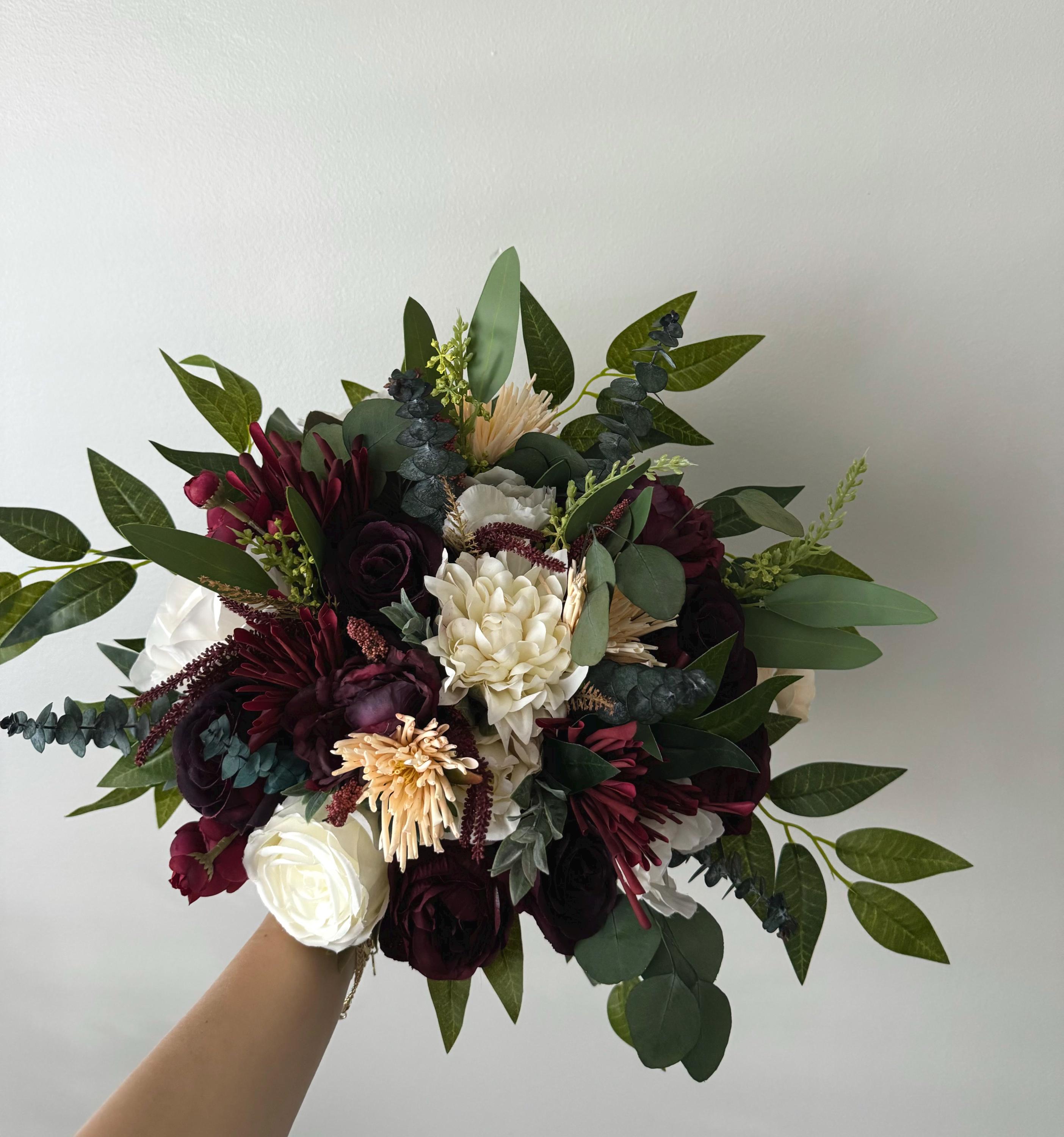 Dahlias Wedding Bouquet Burgundy Eucalyptus Moms Wedding Maroon