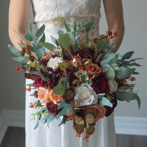Boho Orange Burgundy Ivory Wedding Boho Bridal Bouquet Rust Red Wedding Bouquet Greenery Artificial Flowers Bridesmaid Bouquet Terracotta