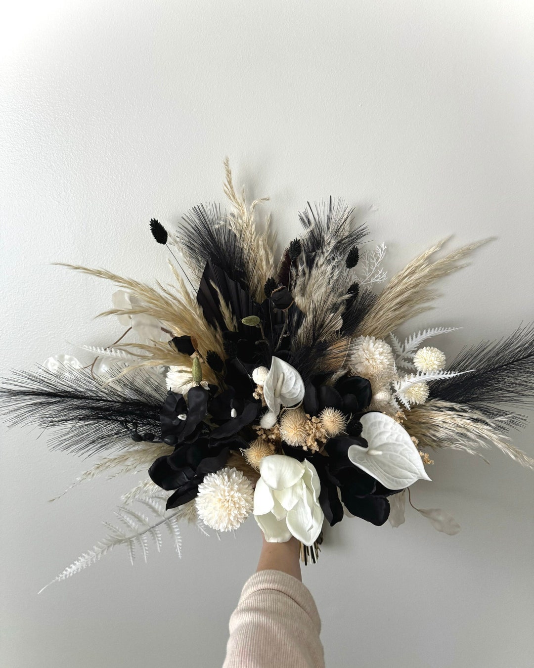 White and Black Pampas Wedding Bouquet Palm Leaves Arbor Ties