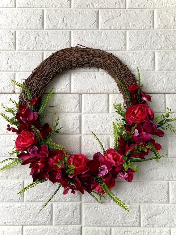 Hot Pink Orchid Spring Summer Door Wreath Floral Burgundy Wreaths