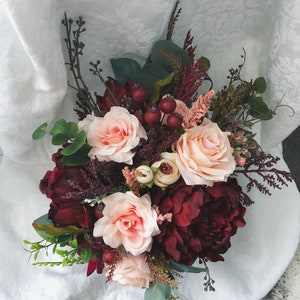 Mariage Bouquet Bourgogne Rouge Pivoine Eucalyptus Mariage Maroon Forfait Artificiel Artificiel Faux Fleurs Décor