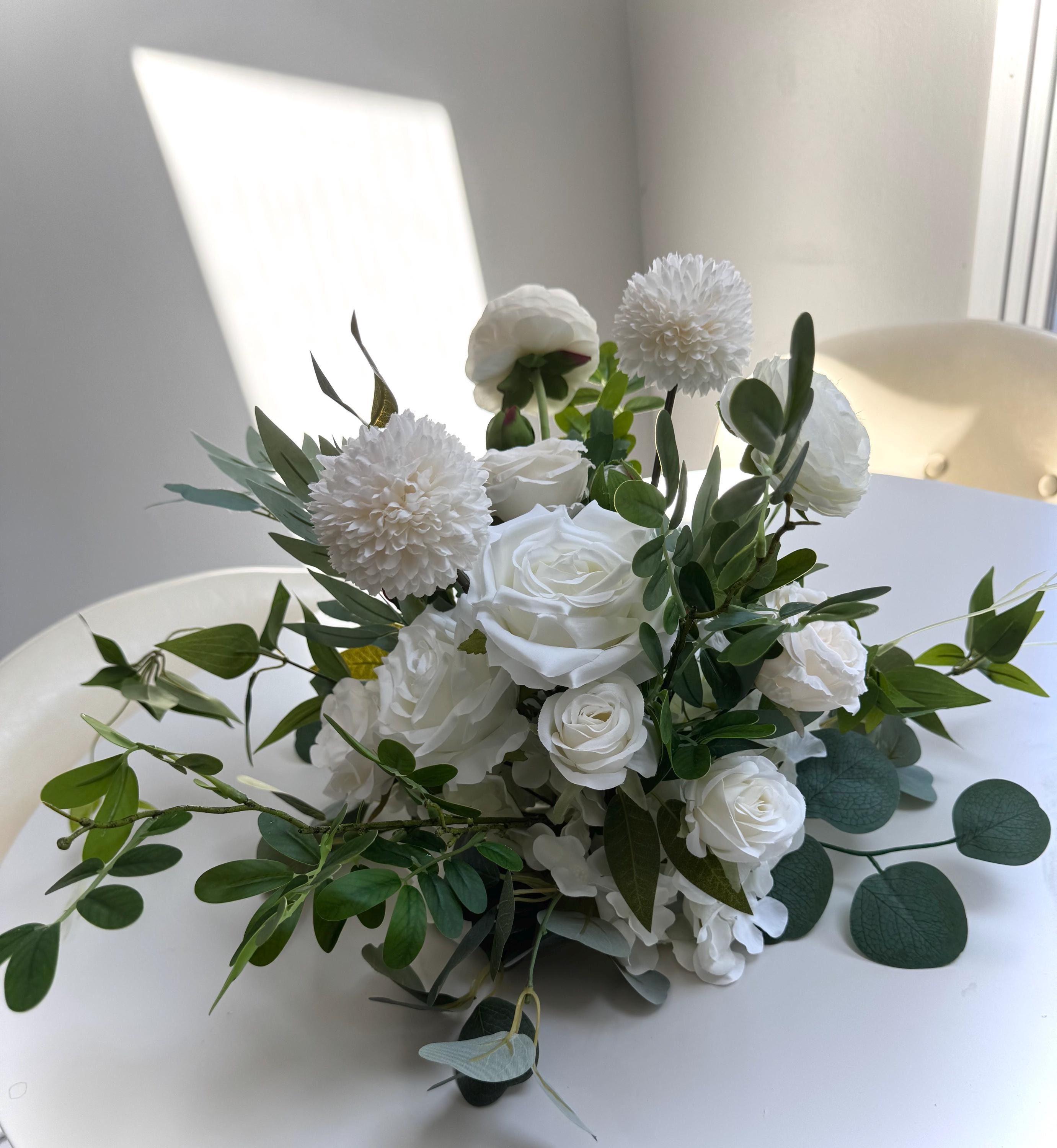 Floor Arch Free Standing Arch Arrangement Aisle flowers White and Green Wedding Arch Table Floor Arrangements Barrel Arrangements