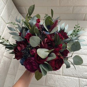 Wedding Bouquet Burgundy Navy Blue Red Peony Eucalyptus Wedding Maroon Package Handmade Artificial Faux Flowers Wedding Decor