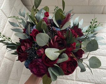 Wedding Bouquet Burgundy Navy Blue Red Peony Eucalyptus Wedding Maroon Package Handmade Artificial Faux Flowers Wedding Decor