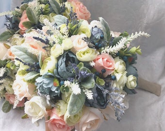 Wedding Bouquet Set Boho Dusty Blue Decorative Bridal Wedding Bouquets Bridesmaid Handmade Artificial Faux Flowers Boutonniere Bout