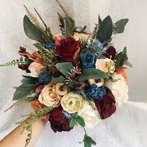 Orange Burgundy Wedding Boho Bridal Bouquet Ivory Wedding Bouquet Dusty Greenery Artificial Faux Flowers Bridesmaid Bouquet Flowers Steel