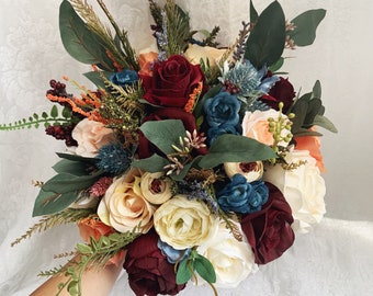 Orange Burgundy Wedding Boho Bridal Bouquet Ivory Wedding Bouquet Dusty Greenery Artificial Faux Flowers Bridesmaid Bouquet Flowers Steel