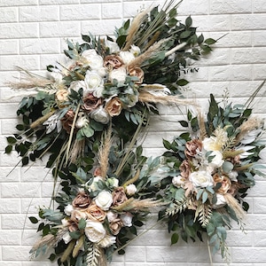 Boho Pampas Erba Matrimonio Arco Disposizione Arbor Arbor Pesca Marrone Ruggine Arrangiamenti Fiori Bianchi Matrimonio Eucalipto Bianco Verde Matrimonio Decor