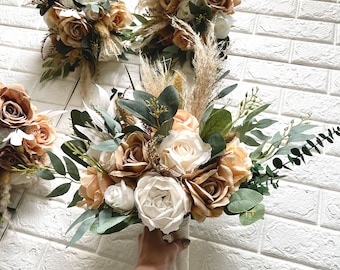 Boho Naranja Marrón Terracota Boda Boho Bridal Bouquet Ivory Wedding Bouquet Dusty Greenery Artificial Faux Flowers Bridesmaid Bouquet