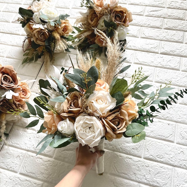 Boho Orange Brown Pampas Wedding Boho Bridal Bouquet Ivory Wedding Bouquet Dusty Greenery Artificial Faux Flowers Bridesmaid Bouquet