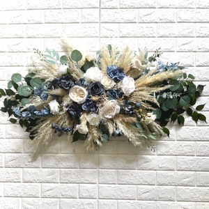 Dusty Blue Pampas Boho Wedding Arch Arrangement Arbor Arrangements White Dusty Blue Flowers Eucalyptus Wedding Artificial Faux Flowers