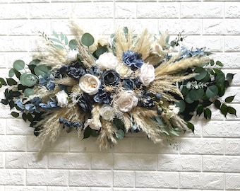 Dusty Blue Pampas Boho Wedding Arch Arrangement Arbor Arrangements White Dusty Blue Flowers Eucalyptus Wedding Artificial Faux Flowers