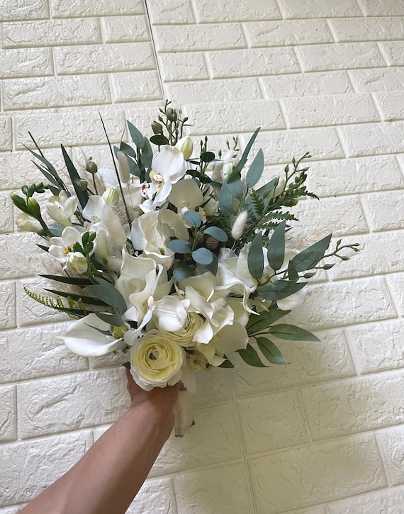 Pampas Hochzeit Pagent Bouquet Tropische Palme Calla Lilien Orchidee Weie  Anemone Brauthochzeitsstrue Brautjungfer Faux Blumen Boutonniere - Etsy.de