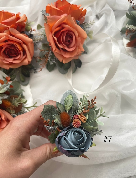 Orange Rust Steel Blue Terracotta Boutonnieres Wedding Cinnamon