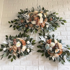 Orange Brown Terracotta Wedding Arch Arrangement Arbor Arrangements White Flowers Eucalyptus Wedding White Faux Flowers Wedding Decor