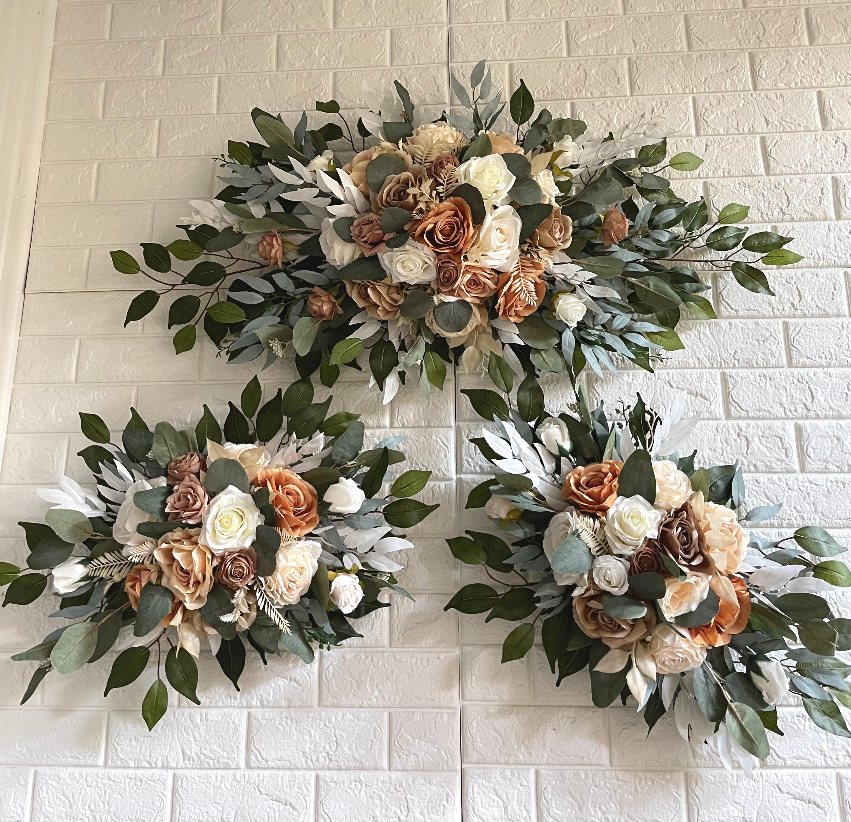 Orange Brown Terracotta Wedding Arch Arrangement Arbor Arrangements White Flowers Eucalyptus Wedding White Faux Flowers Wedding Decor