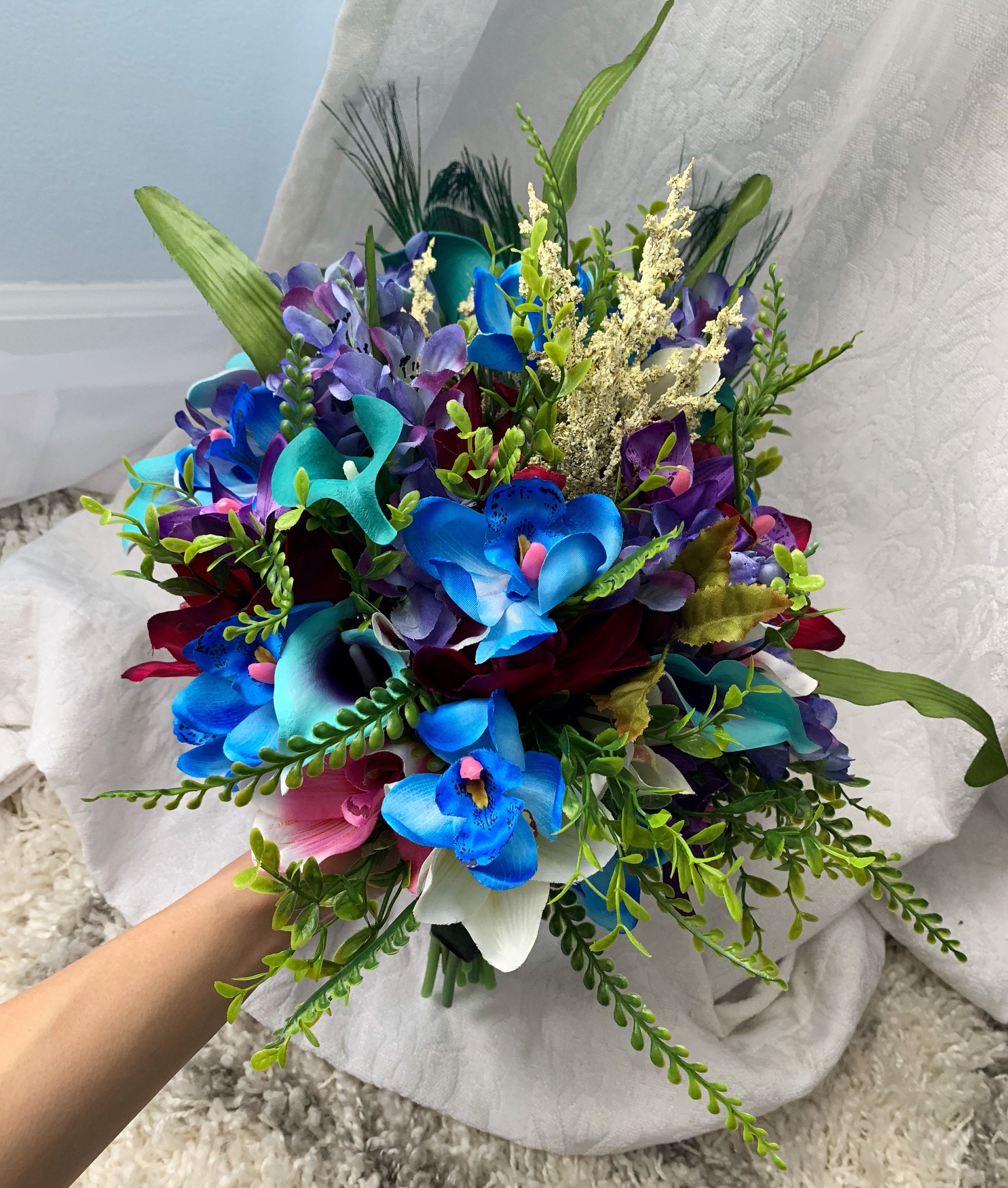 Wedding Bouquet Tropical Green Blue Purple Fuchsia Bouquets Bridal Wedding  Teal Turquoise Bouquets Bridesmaid Faux Flowers Boutonniere - Etsy, image size:2547x3000