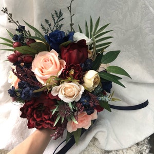 Wedding Bouquet Burgundy Navy Blue Red Peony Eucalyptus Wedding Maroon Package Handmade Artificial Faux Flowers Wedding Decor