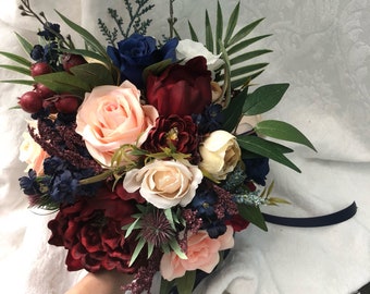 Wedding Set Bouquet Burgundy Navy Blue Red Peony Eucalyptus Wedding Maroon Package Handmade Artificial Faux Flowers Wedding Decor