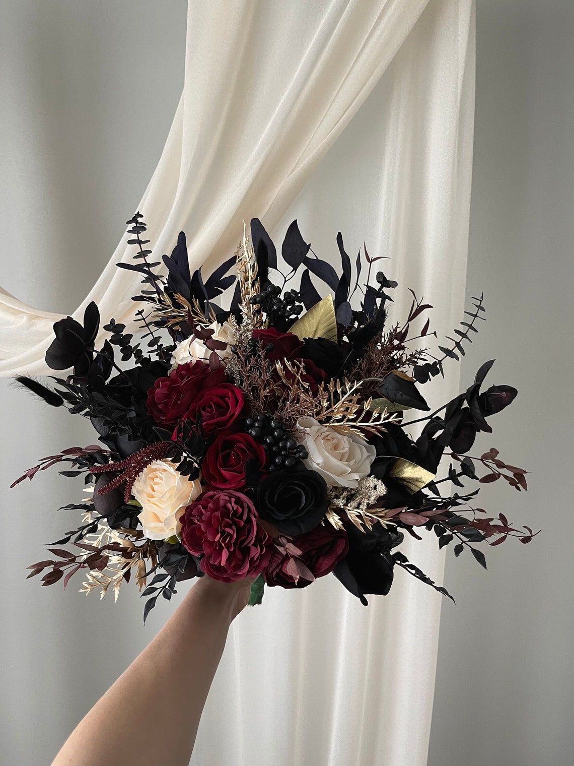 Black Gold Boho Burgundy Black Wedding Boho Bridal Bouquet image 1