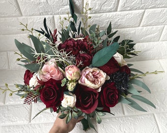 Boho Wedding Bouquet Burgundy Eucalyptus Wedding Maroon Bouquet Deep Red Flowers Blush