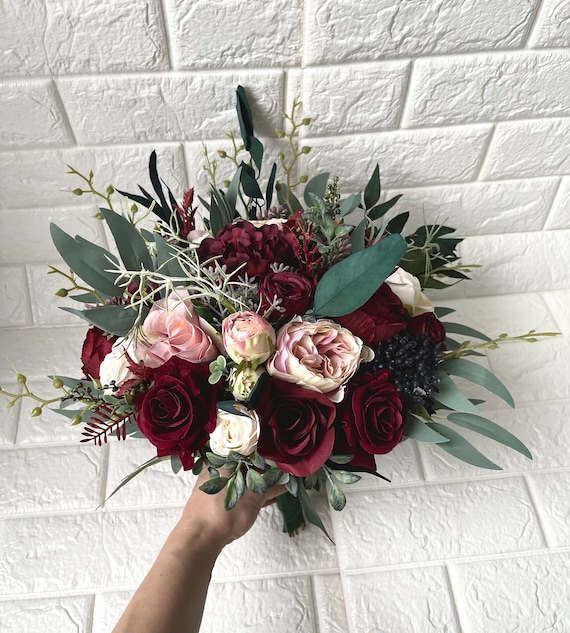 Romantic Rhapsody, Bridal Bouquet with Burgundy, Blush and Ivory