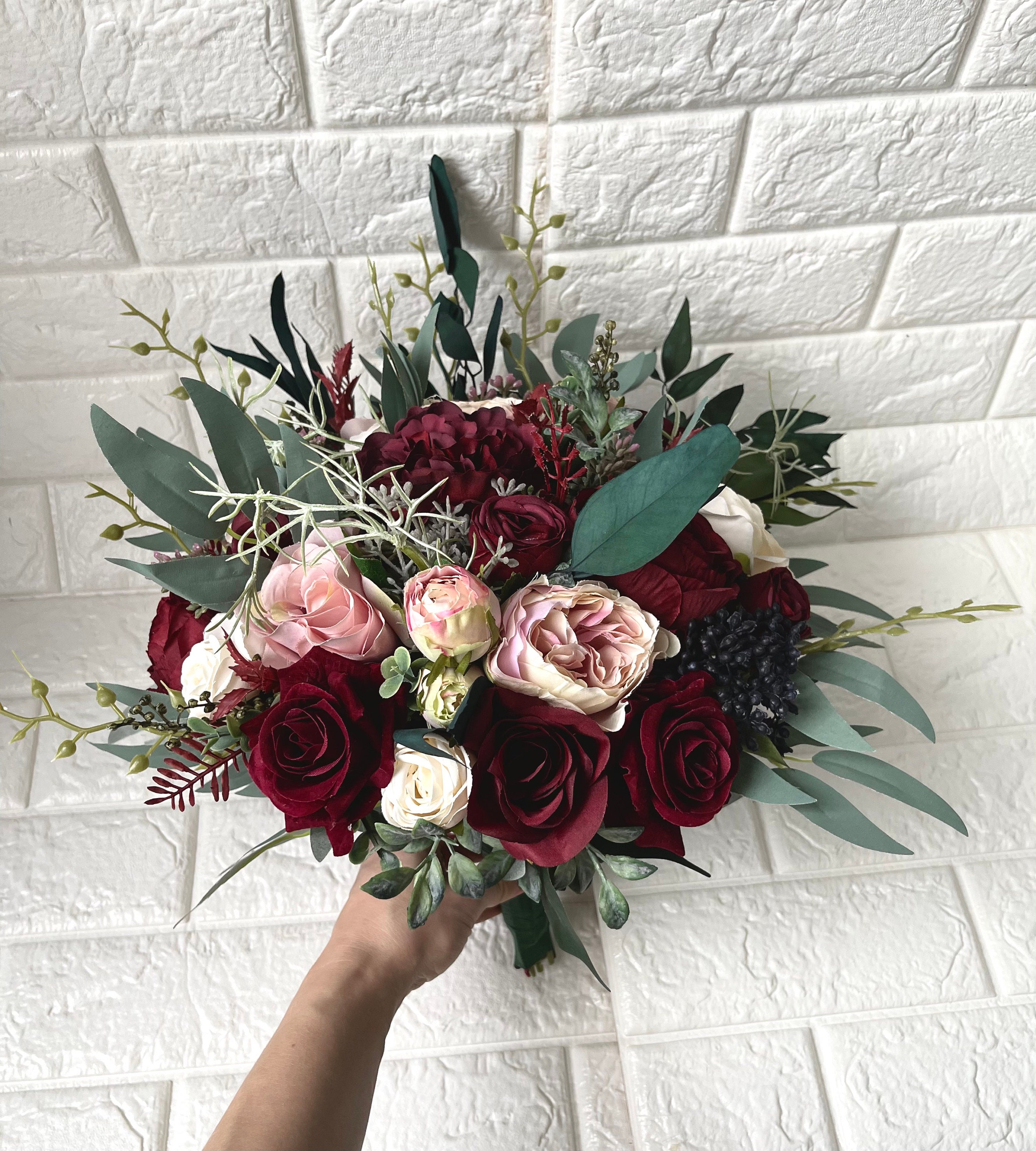Boho Hochzeit Bouquet Weinrot Eukalyptus Hochzeit Weinrot Blumen Blush Creme Mauve Kunstblumen Hochzeit Stil Dusty Rose