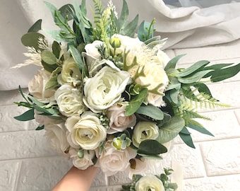 Wedding Bouquet White Ivory Bouquet White Flowers Bridal Bouquet Eucalyptus Wedding White Green Package Artificial Flowers Wedding Decor