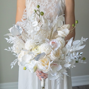 Boho All Ivory White Peony Orchid Bouquet Tropical Wedding Boho Bridal Bouquet White PomPon Wedding Bouquet White Greenery Flowers Bouquet