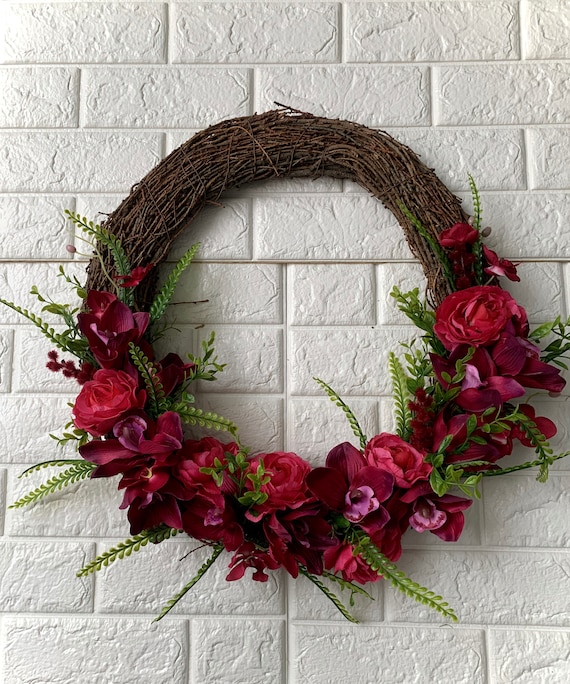 Hot Pink Orchid Spring Summer Door Wreath Floral Burgundy Wreaths