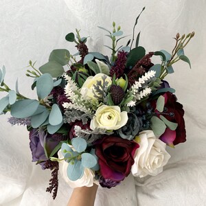 Wedding Bouquet Burgundy Plum Purple Eucalyptus Wedding Maroon Package Deep Purple Flowers Plum and Grey Artificial Faux Flowers Wedding
