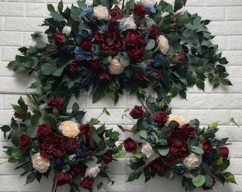 Dusty Blue Wedding Arch Arrangement Arbor Ties Arrangements Burgundy Cream Ivory Steel Blue Eucalyptus Wedding Maroon Flowers Wedding