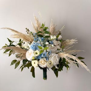 Blue Hydrangea with Pampas Bouquet Ivory White Blue Peony and Roses Bouquet Wedding Boho Bridal Bouquet Ivory Wedding Bouquet Flowers