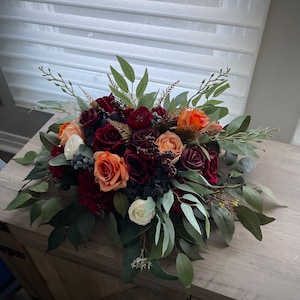 Centrepiece Wedding Table Arrangement Burgundy Orange White Decorative Bridal Handmade Artificial Faux Flowers