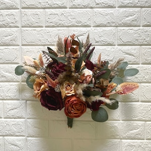 Boho Burnt Orange Brown Terracotta Wedding Burgundy Boho Bridal Bouquet Ivory Wedding Bouquet Brown Greenery Artificial Faux Flowers