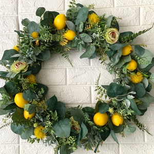 Spring Wreath Lemon Spring Summer Door Wreath Yellow Lemons Citrus Floral Greens Wreaths Handmade 18&quot; Artificial Flowers Home sweet home