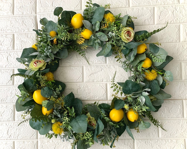 Spring Wreath Lemon Spring Summer Door Wreath Yellow Lemons Citrus Floral Greens Wreaths Handmade 18 Artificial Flowers Home sweet home image 1