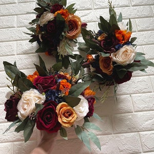 Orange Burgundy Wedding Boho Bridal Bouquet Ivory Wedding Bouquet Dusty Greenery Artificial Faux Flowers Bridesmaid Bouquet Flowers Steel